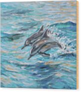 Dolphins Jumping Wood Print