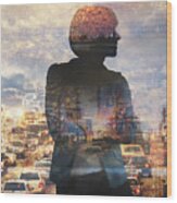 Double Exposure Of Businesswoman And Traffic Wood Print