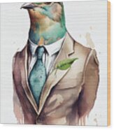 Dove In Suit Watercolor Hipster Animal Retro Costume Wood Print