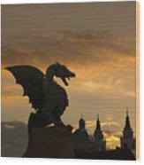 Dragon Statue On Dragon Bridge Over Ljublja Wood Print