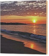 Dramatic Sky Sunrise Over Thacher Island From Long Beach In Rockport Ma Golden Sunrise Wave Wood Print