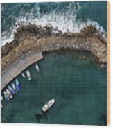 Drone Aerial Fishing Harbour With Boats Stormy Waves, Blue Sea Wood Print