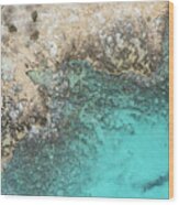 Drone Aerial Of Rocky Sea Coast With Transparent Turquoise Water. Seascape Top View Wood Print