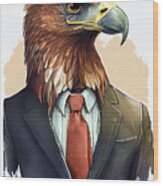 Eagle In Suit Watercolor Hipster Animal Retro Costume Wood Print