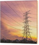 Electrical Pylons Tower During Sunset Wood Print