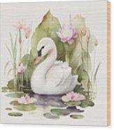 Elegant  Baby  Swan  In  A  Pond  Fill  With  Lotus  Flo  Dcdb    D  E  Bfbcdbe By Asar Studios Wood Print