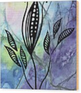 Elegant Pattern With Leaves In Blue And Purple Watercolor I Wood Print