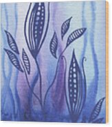 Elegant Pattern With Leaves In Blue And Purple Watercolor Ii Wood Print