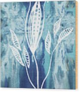 Elegant Pattern With Leaves In Teal Blue Watercolor I Wood Print