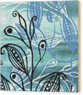Elegant Pods And Seeds Pattern With Leaves Teal Blue Watercolor Vi Wood Print