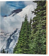 Evergreens Mountains Clouds In Washington State Wood Print