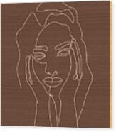 Face 05 - Abstract Minimal Line Art Portrait Of A Girl - Single Stroke Portrait - Terracotta, Brown Wood Print