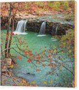Fall Leaves Surround Falling Water Falls 1x1 Wood Print