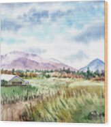 Farm Barn Mountains Road In The Field Watercolor Impressionism Wood Print