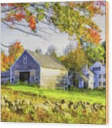 Farmhouse And Barn Scene In Autumn Wood Print