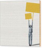 Female Protestor Holding Blank Yellow Placards Wood Print