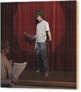 Female Teacher And Boy (10-12) Standing On Stage Rehearsing Wood Print