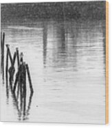 Fence Into Water In Black And White Wood Print