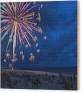 Fireworks By The Sea Wood Print