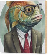 Fish In Suit Watercolor Hipster Animal Retro Costume Wood Print