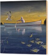 Fisherman Trolling In A Row Boat  With Flying Gulls And School O Wood Print