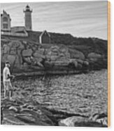 Fishing At Nubble Lighthouse Wood Print