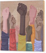 Fist Hands Up Of Different Types Of Skins, Multiracial Raised Fists Concept Art Print Wood Print