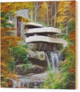 House On The Waterfall - Square Version Wood Print