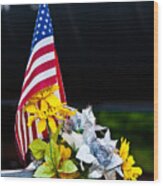 Flag, Flowers, And Freight Train Wood Print