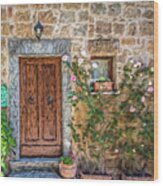 Flower Door With Green Mailbox Of Tuscany Wood Print