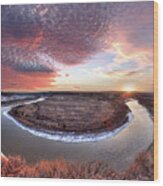 Flowing To The Sun - Sunset Panorama Of Little Missouri At Wind Canyon - Badlands National Park Nd Wood Print