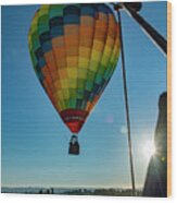 Flying Hot Air Balloon With Sunburst Wood Print