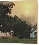 Foggy Memories - Cooksville Wi Schoolhouse In Foggy Fall Sunrise Wood Print