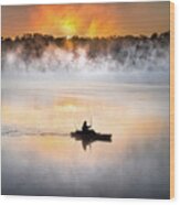 Foggy Morning Kayak Fisherman Sunrise Lake Mississippi Wood Print