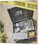 Forensic Toolkit At Crime Scene With Police Tape Wood Print