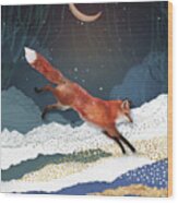Fox And Moon Wood Print