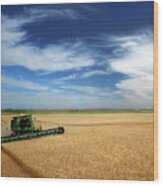 Full Hopper - John Deere Combine Harvesting Wheat On Rolling Nd Prairie Wood Print