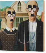 Funny Humor Groucho Glasses American Gothic Wood Print
