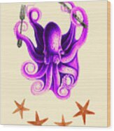 Funny Octopus Cook Wood Print