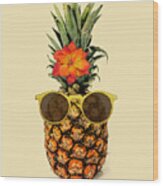 Funny Pineapple With Sunglasses Wood Print