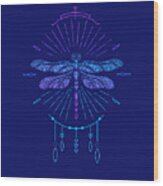 Geometric Blue Boho Dragonfly Wood Print