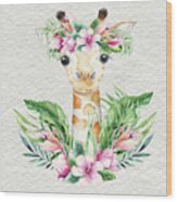 Giraffe With Flowers Wood Print