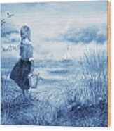 Girl And Ocean Watercolor Painting In Ultramarine Blue Wood Print