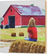 Girl In Red Shirt Looking At Red Barn Wood Print