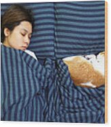 Girl Sleep With Her Ginger Cat Wood Print