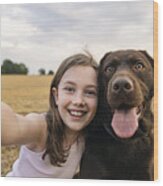 Girl Taking A Selfie With Her Pet Dog Wood Print