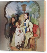 Girl With A Fan And Two Children In Elegant Dress Remastered Retro Art Xzendor7 Reproductions Wood Print