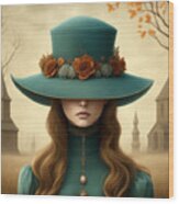 Girl With A Green Hat - Portrait 1 Wood Print