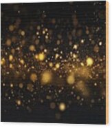 Gold Glitter Shimmer Dust Shiny Lights Particles Dark Abstract Background Wood Print