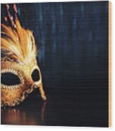 Golden Venetian Mask On Dark Blue Background Wood Print